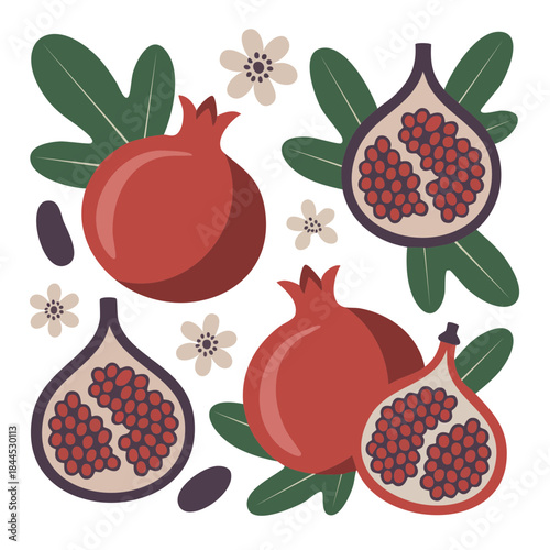 Pomegranate and fig seamless vector pattern