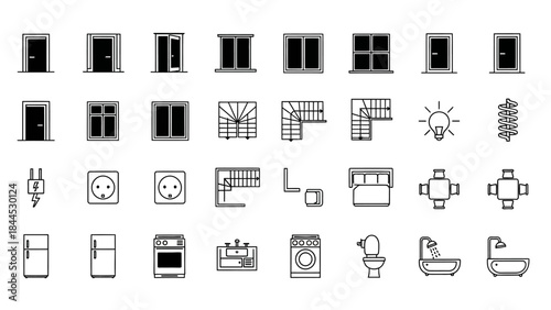 Collection of minimal outline icons representing doors windows stairs electrical outlets