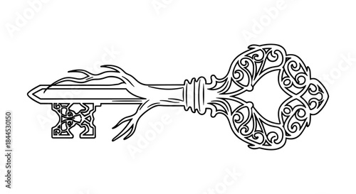 Ornate key with floral design and symbolic teeth