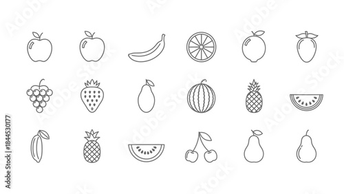 Collection of minimalist fruit icons on a white background for healthy lifestyle design