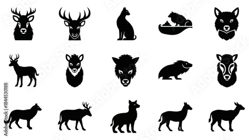 Collection of minimalist silhouette icons featuring various wild animals and their heads