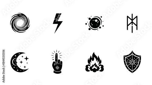 Collection of mystical and magical symbols including a galaxy, lightning, and ancient runes
