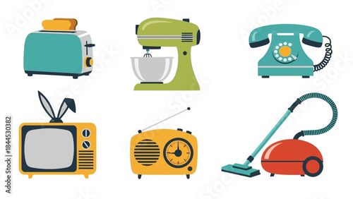 Collection of retro kitchen and home appliances in flat design style