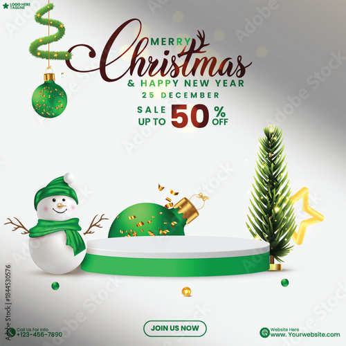 Christmas festival and New Year social media product sale 3D empty podium background design vector with snowman, a discount badge, a ball, and a white background. Christmas sale poster design.