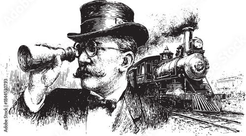 Vintage illustration of a man with binoculars beside a steam train. Classic black and white vector art showcases industrial details in a set format.
