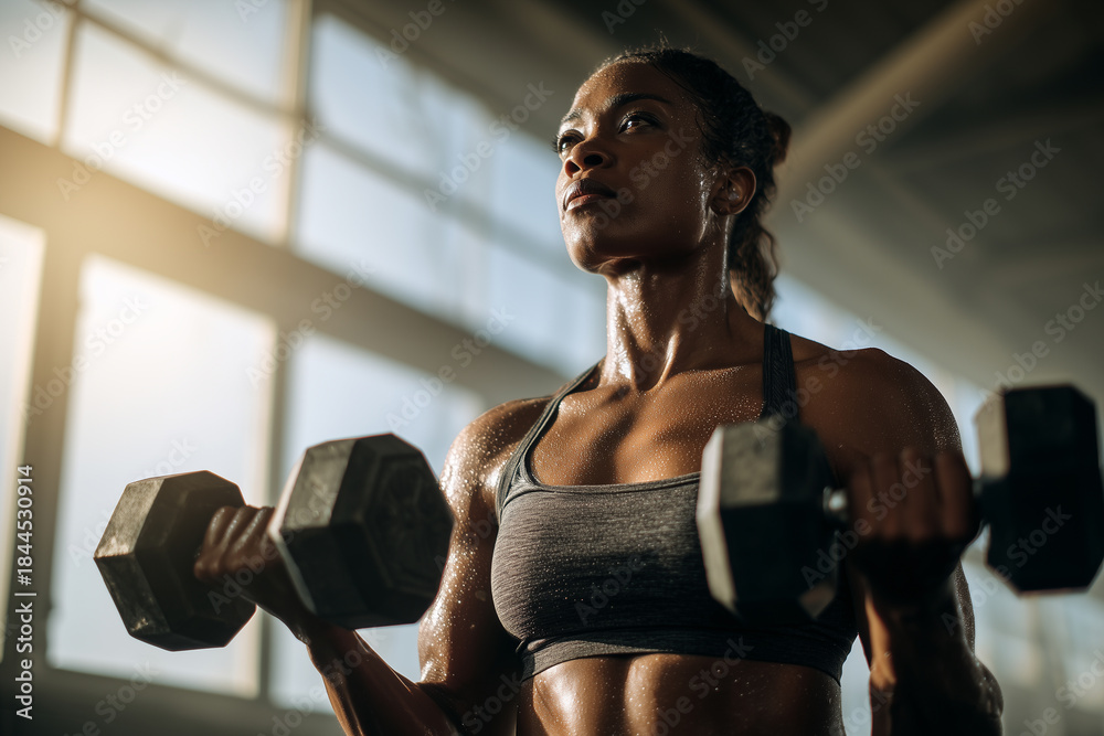 Fototapeta premium Black female bodybuilder doing controlled dumbbell shoulder presses in a bright modern gym. Powerful, confident strength training moment.