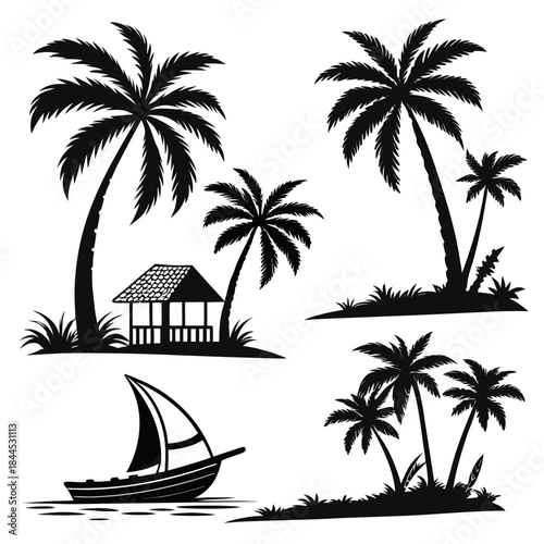Black silhouettes of tropical island scenes with palm trees hut and boat