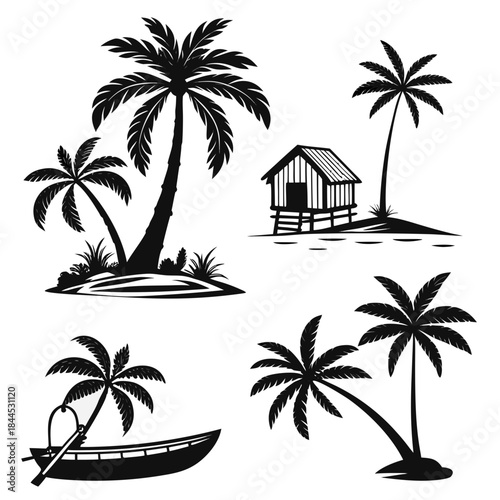 Black silhouettes of tropical island scenes with palm trees