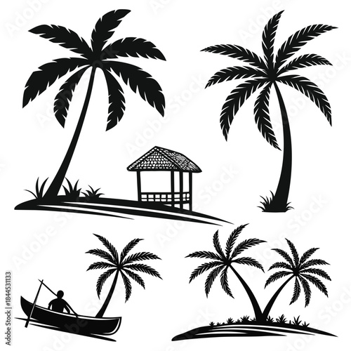 Black silhouettes of tropical island scenes with palm trees and a hut
