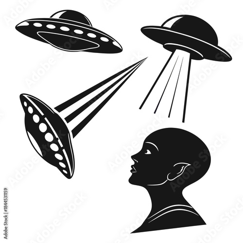 Black silhouettes of three U F Os and an alien head