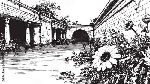 Black and white drawing of a canal landscape with flowers. This serene vector illustration features pillars and foliage in a detailed set.