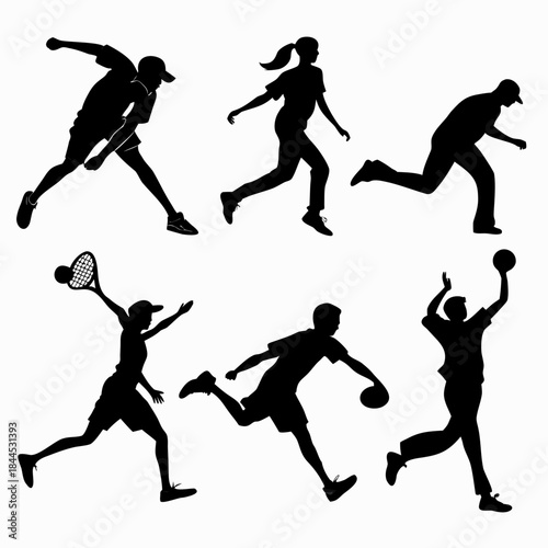 Black silhouettes of people playing sports on white background