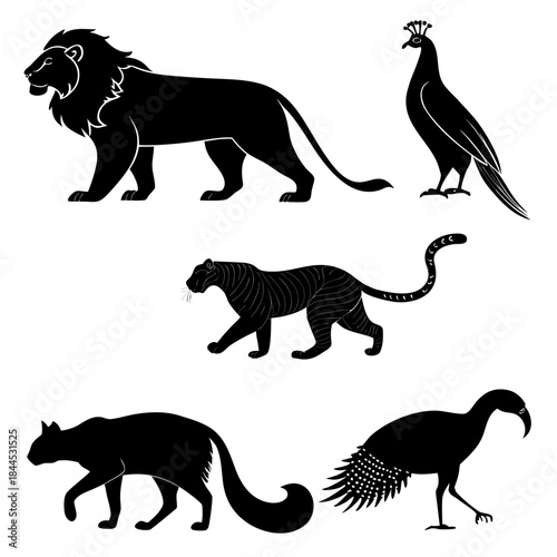Black silhouettes of lion tiger peacock and other animals