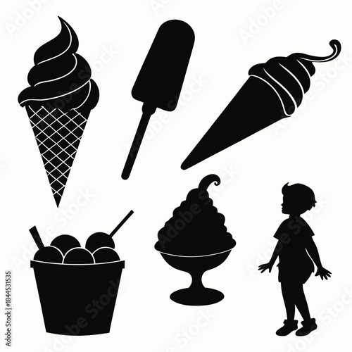 Black silhouettes of ice cream and a child cone popsicle