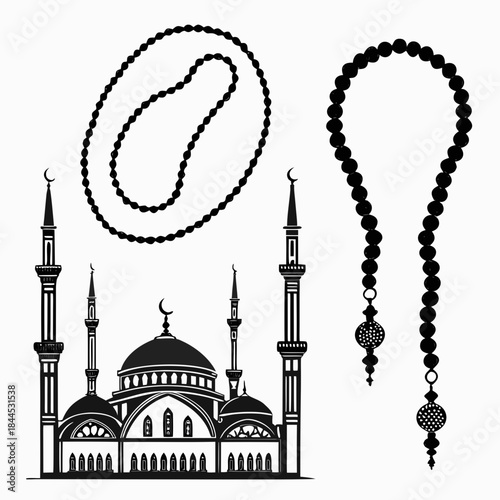 Black silhouettes of Islamic prayer beads and mosque