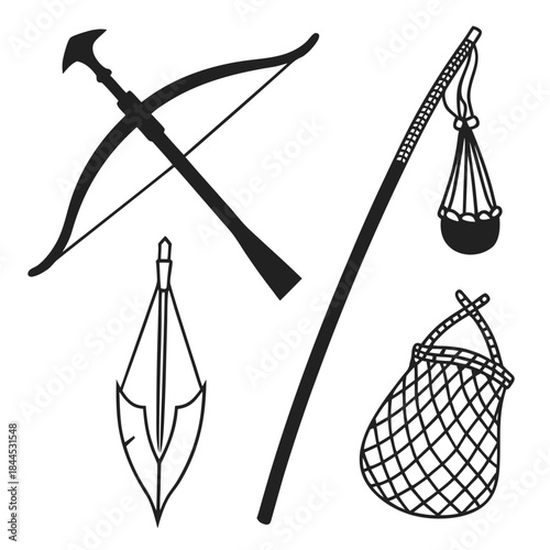 Black silhouettes of hunting and fishing equipment