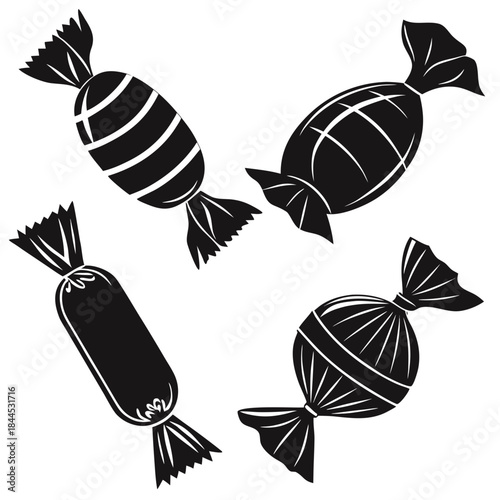 Black silhouettes of four wrapped candies candy sweet