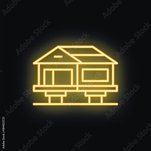 Neon icon of a tiny house elevated on stilts for foundation repair