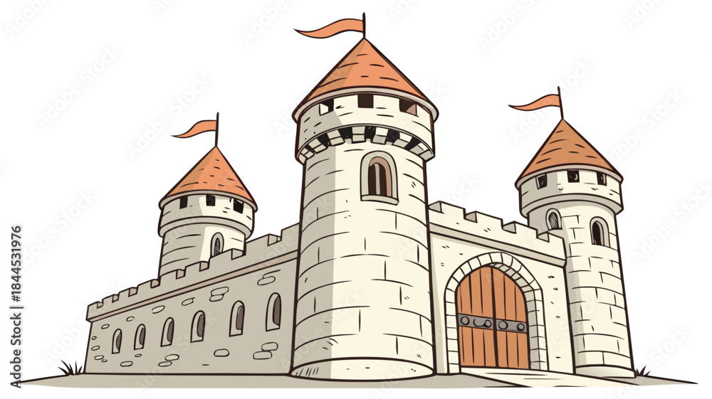 Fototapeta premium Medieval Fantasy Castle Illustration with Stone Towers and Flags