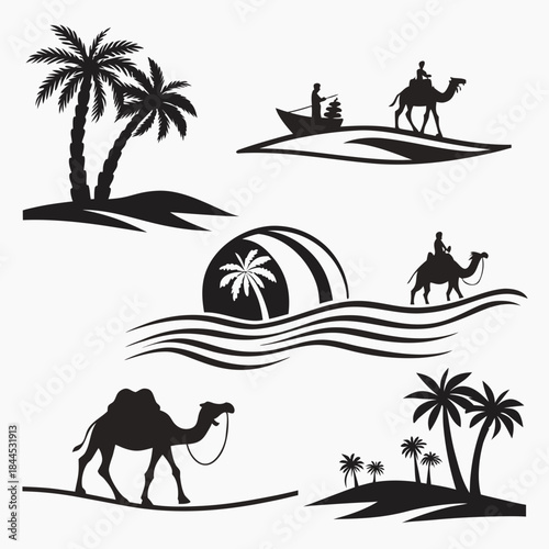 Black silhouettes of desert landscapes with camels and palm trees