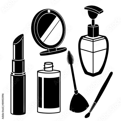 Black silhouettes of cosmetic items on white background
