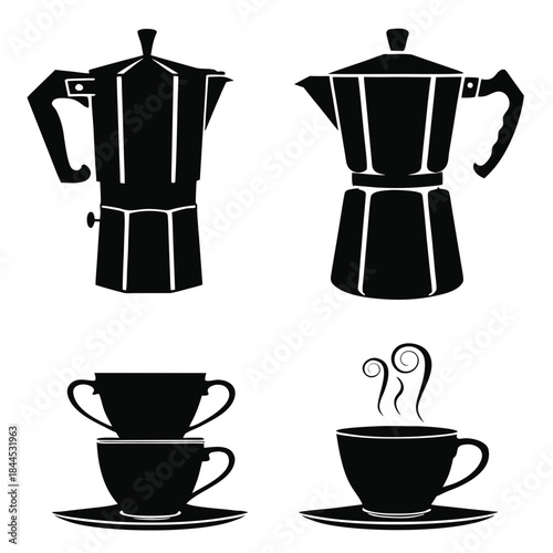 Black silhouettes of coffee makers and cups on white background