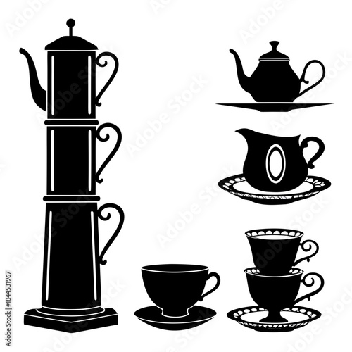 Black silhouettes of coffee pots teacups and creamer