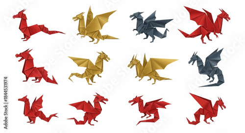 Collection of Colorful Origami Dragon Illustrations on White Background.
