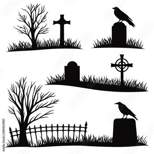 Black silhouettes of cemetery elements on white background