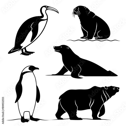 Black silhouettes of arctic animals on white background