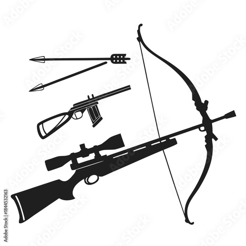 Black silhouettes of archery and hunting gear arrow