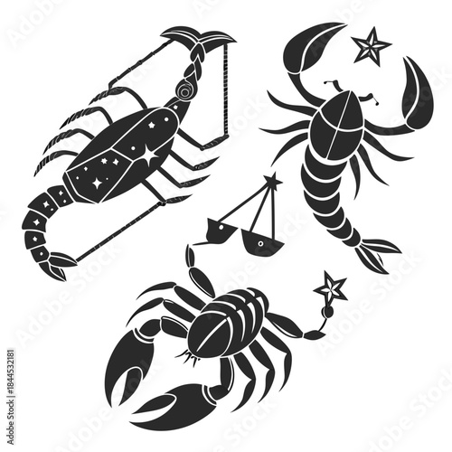 Black silhouette zodiac symbols scorpio libra star