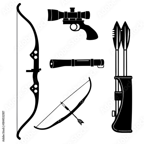Black silhouettes of archery and hunting equipment