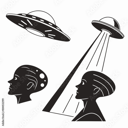Black silhouettes of alien heads and U F Os extraterrestrial