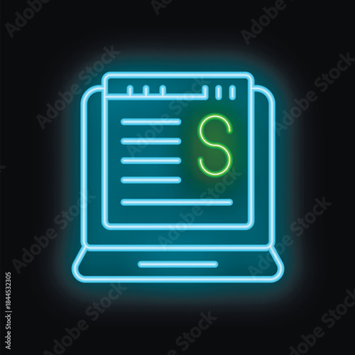 Neon online shop icon glowing on dark background representing online payment, secure transaction, and e commerce business