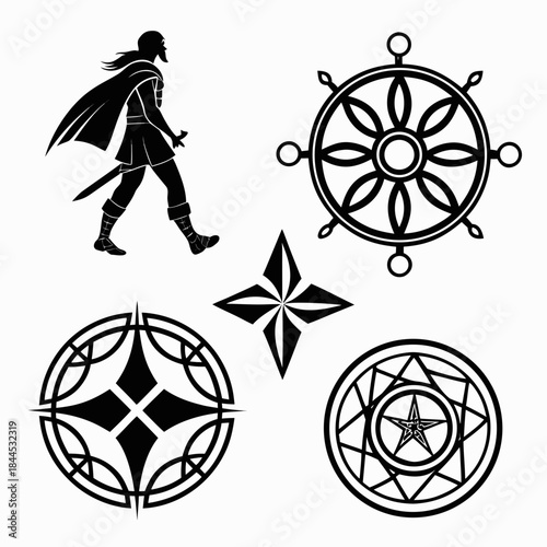 Black silhouette set of mystical warrior and geometric symbols