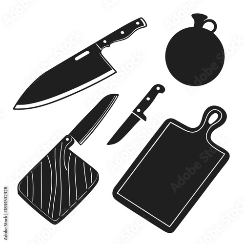 Black silhouette set of kitchen knives and chopping boards