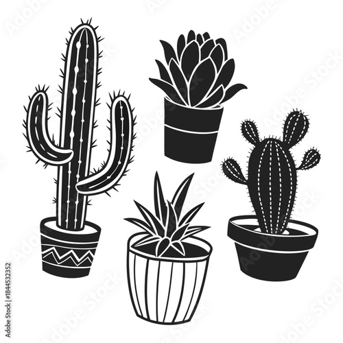 Black silhouette set of five potted cactus and succulent plants