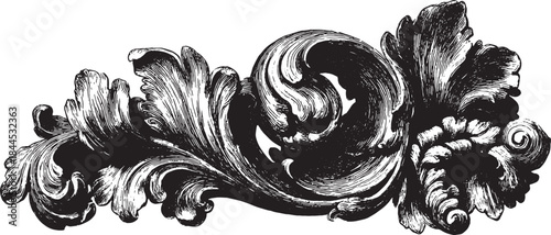 Vintage floral decor pattern vector illustration featuring ornate elements and swirling leaves in a black and white set.