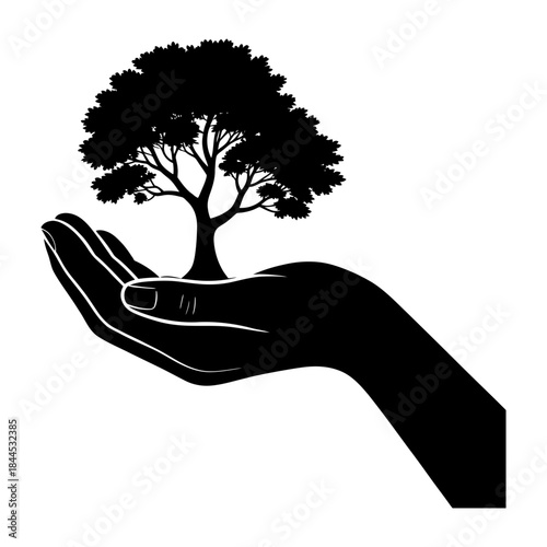 black silhouette hand holding growing tree symbolizing nature care sustainability and protection