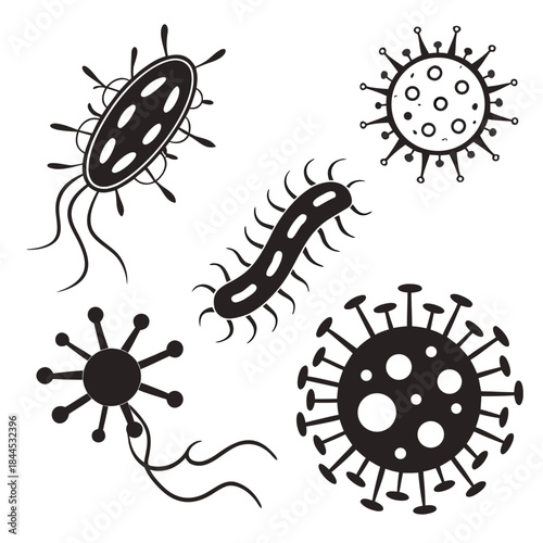Black silhouette set of five different bacteria and virus shapes