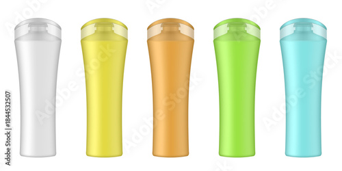 Set of white, yellow, green, blue, and orange cosmetic bottles. Realistic mockup. Korean packaging. Lotion or shower gel. Conditioner or hair mask