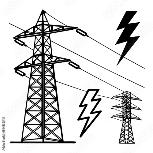 Black silhouette of power pylons and lightning bolts
