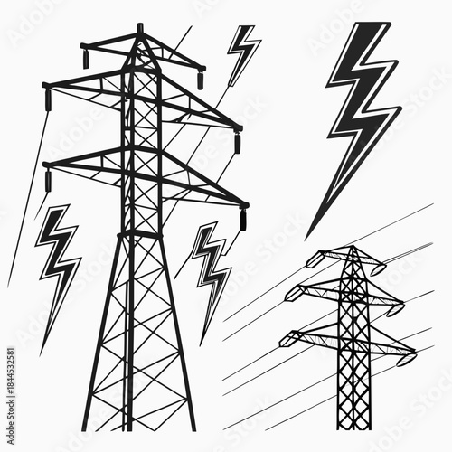 Black silhouette of power pylons and lightning bolts 1