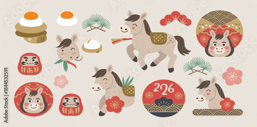 ear of the Horse 2026 Japanese New Year illustration set. Traditional lucky motifs, festive horse icons, circular and rectangular frames inspired by Japanese patterns
