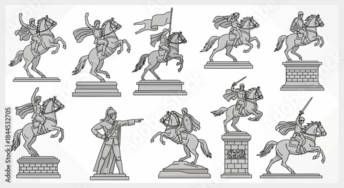 Collection of Equestrian Statues Depicting Knights and Warriors.