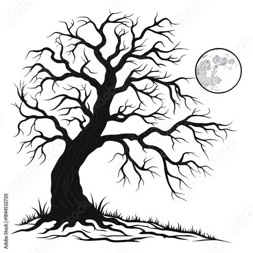 Black silhouette of a gnarled bare tree and moon vector