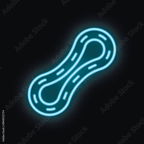 Blue neon sign in the shape of a winding road, glowing on a black background
