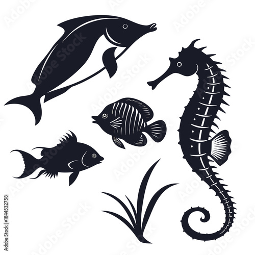 Black silhouette marine life set with dolphin seahorse and fish