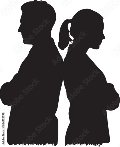 Silhouette of a man and woman standing back to back with arms crossed